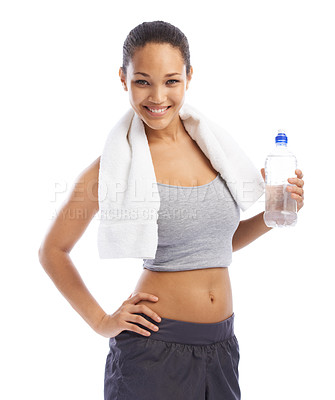 Buy stock photo Woman, fitness and water bottle in studio for health, wellness and exercise or workout break. Portrait of young happy person or sports model with liquid for energy and training on a white background