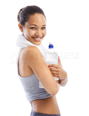 Buy stock photo Woman, workout and water bottle in studio for health, wellness and exercise or fitness break. Portrait of young happy person or sports model with liquid for energy and training on a white background