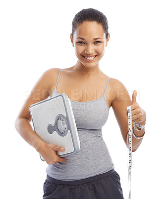 Buy stock photo Woman, portrait and scale for weightloss in studio, smiling and excited for exercise by white background. Female person, measuring tape and confidence for fitness goals, wellness and diet for health