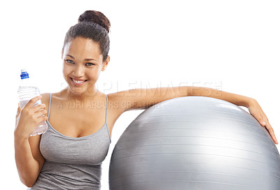 Buy stock photo Happy woman, portrait and water with exercise ball in fitness against a white studio background. Face of female person smile for bottle, natural mineral drink or gym equipment for hydration on mockup