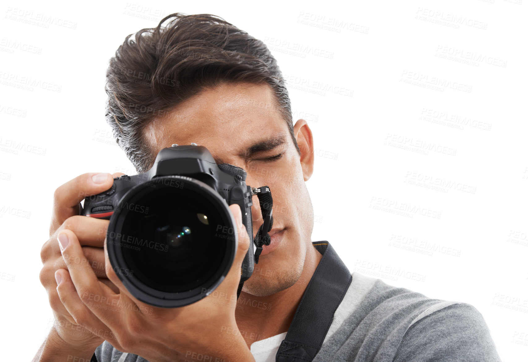 Buy stock photo Photography, man or face with digital camera in studio for photoshoot, creative production or content creation on white background. Journalist, cameraman or photographer click lens for multimedia art