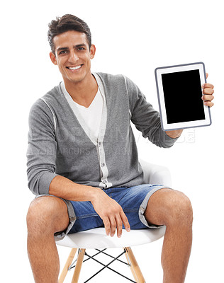 Buy stock photo Portrait, man and space on tablet screen in studio for sign up offer, newsletter or information about us on white background. Happy model on chair for advertising mockup, digital marketing and review