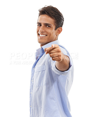 Buy stock photo Portrait, man or pointing to you in studio for choice, decision or vote for winner on white background. Happy model show finger for recruitment, hiring emoji or invitation to join us for volunteering