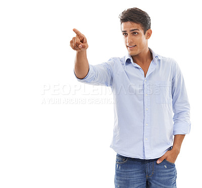 Buy stock photo Businessman, face and happy in studio with pointing for presentation, advertising and information. Entrepreneur, person and mock up for marketing, announcement and showing offer on white background