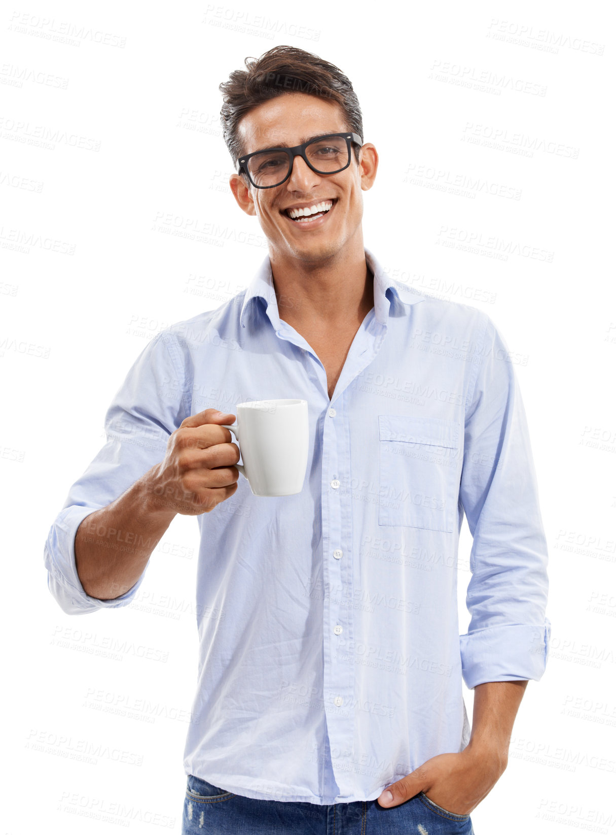 Buy stock photo Portrait of a young man wearing spectacles and smiling while holding a mug against a white background