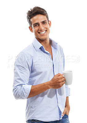 Buy stock photo Businessman, portrait and happy in studio with coffee for energy, morning break or startup career and mug. Entrepreneur, person or face with beverage for smile, motivation and joy on white background