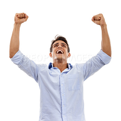 Buy stock photo Professional man, winning and yes for success, celebration or achievement with startup, bonus or news in studio. Excited worker or  business person with fist, power and goals on a white background