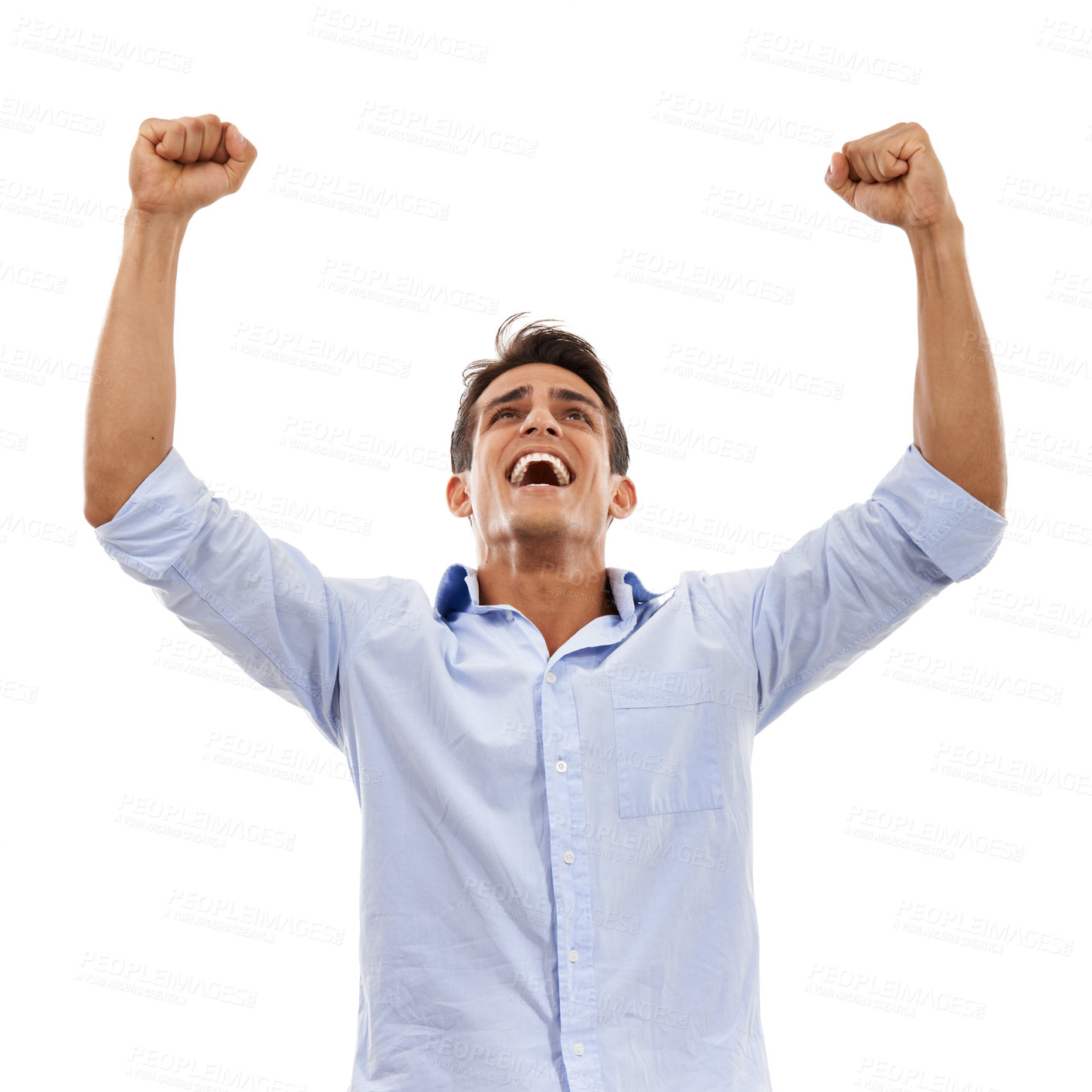 Buy stock photo Professional man, winning and yes for success, celebration or achievement with startup, bonus or news in studio. Excited worker or  business person with fist, power and goals on a white background