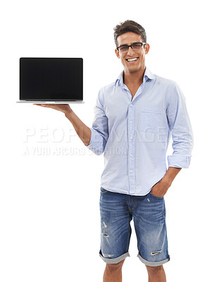 Buy stock photo Portrait, man or mockup screen on laptop in studio for sign up offer, newsletter or information about us on white background. Happy model, computer or space for announcement, digital marketing or ads