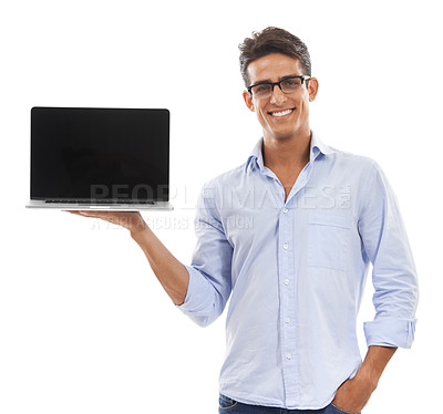 Buy stock photo Business man, laptop screen and portrait in studio for presentation, information technology solution or software update. Professional worker on computer mockup for tech services on a white background