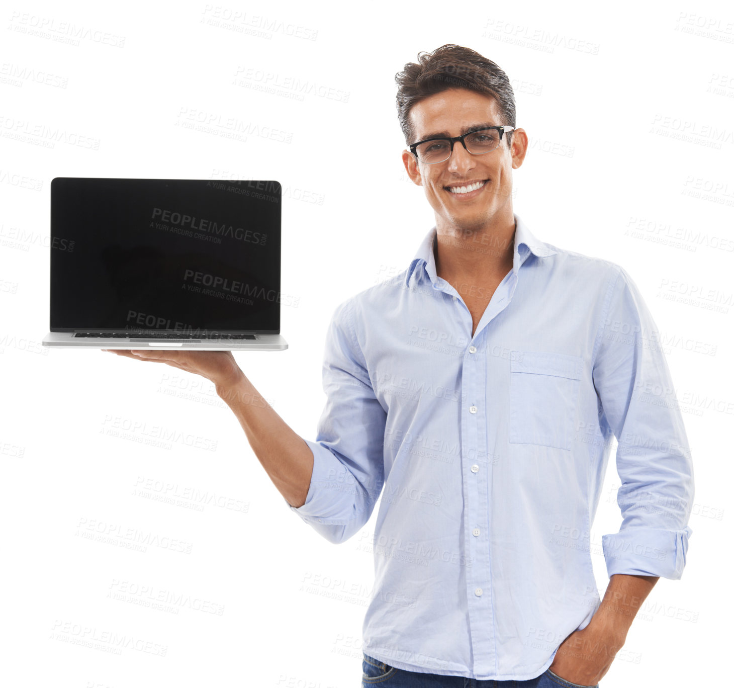 Buy stock photo Business man, laptop screen and portrait in studio for presentation, information technology solution or software update. Professional worker on computer mockup for tech services on a white background