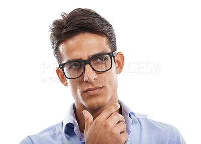 Buy stock photo Businessman, face and thinking in studio with question, planning and problem solving with glasses and hand. Entrepreneur, person and thoughtful for solution, idea and insight on white background