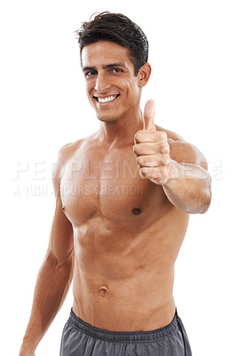 Buy stock photo Happy man, portrait and thumbs up for fitness, exercise or winning against a white studio background. Handsome and muscular male person with like emoji, yes sign or OK for workout or training success