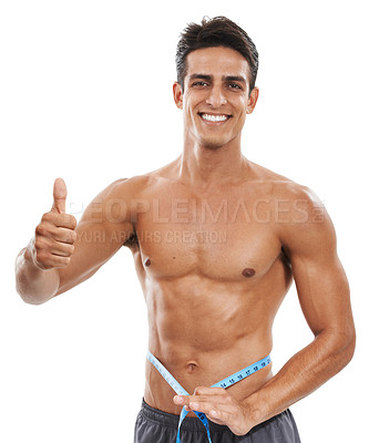Buy stock photo Man is shirtless, measuring tape and thumbs up, check weight progress for health and fitness isolated on white background. Smile in portrait, success or okay with body goal and muscle in studio