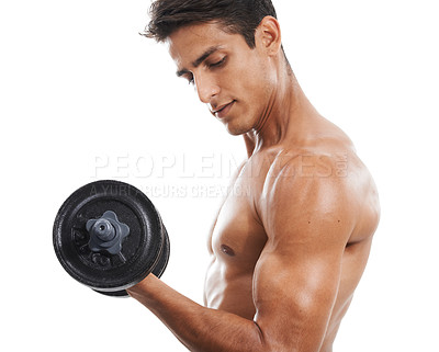 Buy stock photo Man, dumbbell and exercise in studio for wellness, fitness and healthy body with workout or training. Person, athlete or physical activity for muscles, bicep and shirtless on white background for abs