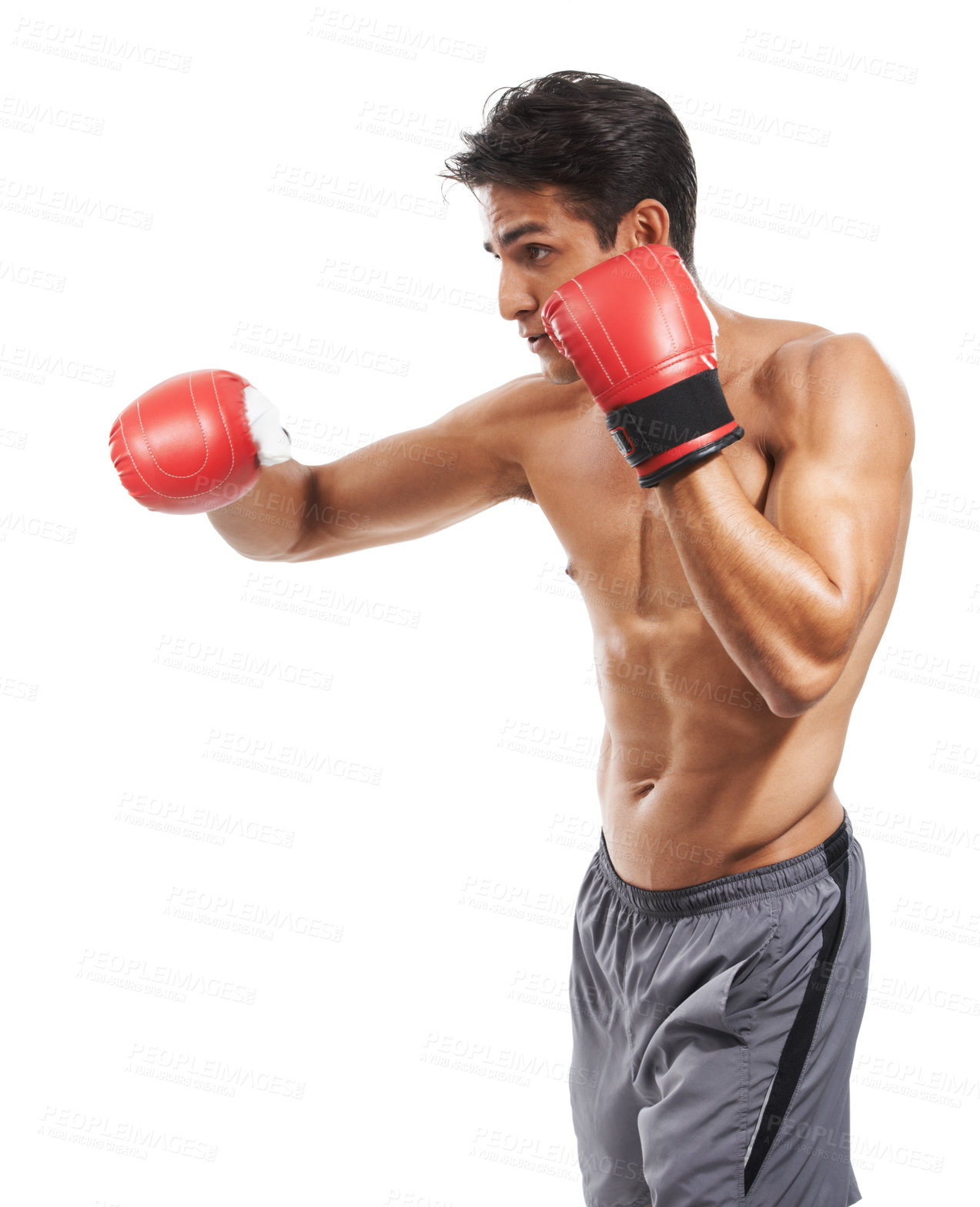 Buy stock photo Man is shirtless, boxing and athlete with fitness and muscle in studio, sport and workout for health on white background. Exercise, training and fighter with gloves, body and abs with testosterone