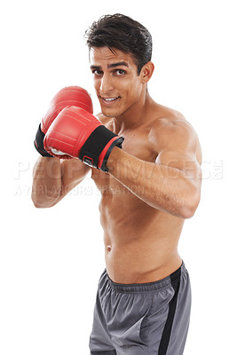 Buy stock photo Boxer, man and shirtless in portrait with sports for fitness, health and martial arts on white background. Strong athlete with muscle, abs and boxing gloves, MMA training and exercise in studio