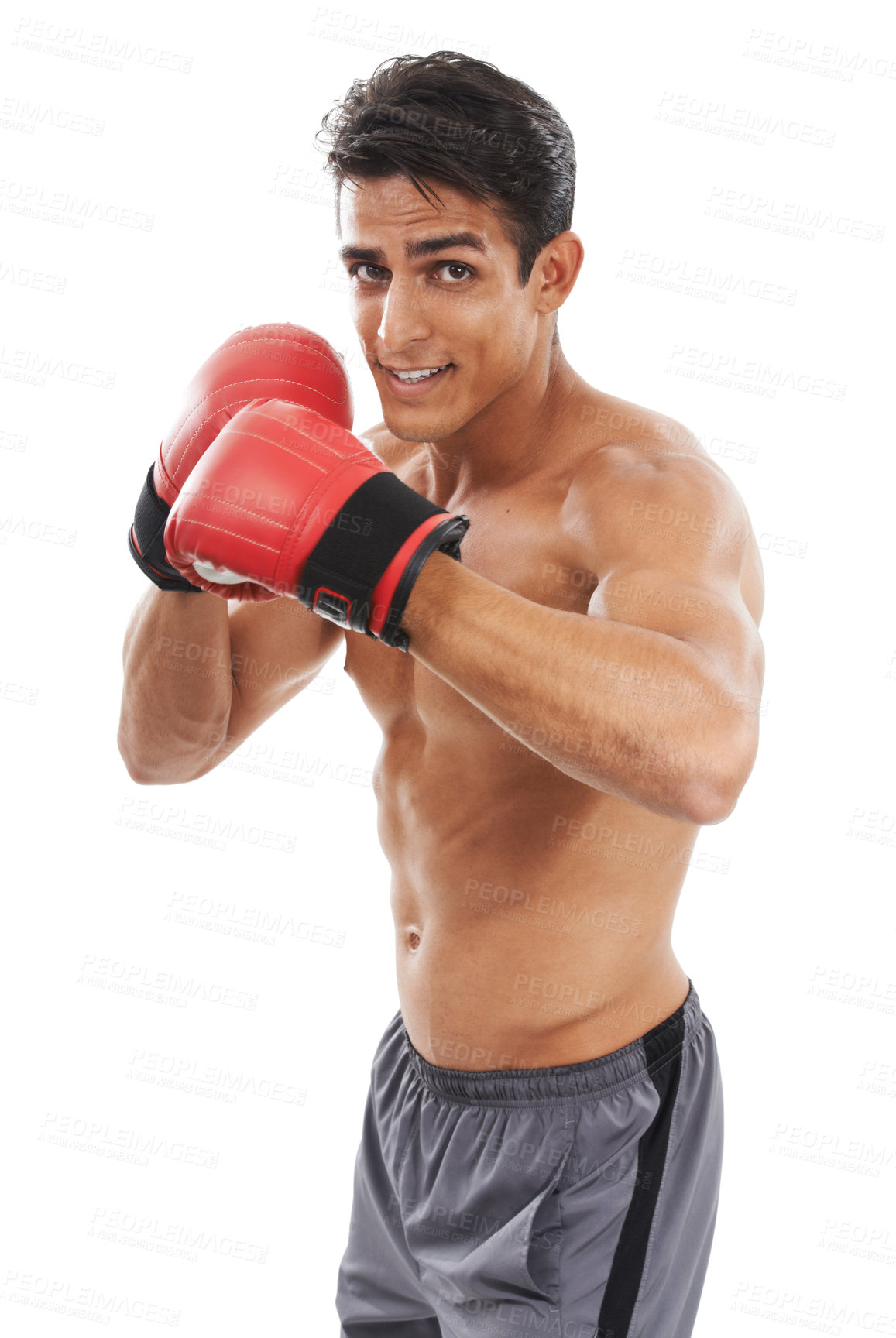 Buy stock photo Boxer, man and shirtless in portrait with sports for fitness, health and martial arts on white background. Strong athlete with muscle, abs and boxing gloves, MMA training and exercise in studio