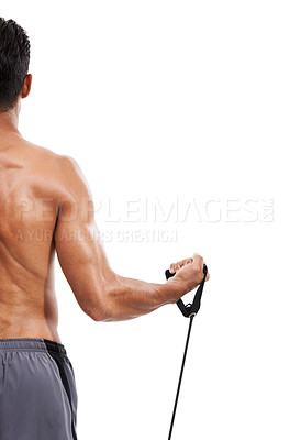 Buy stock photo Man, back and weightlifting in fitness for bicep, workout or training against a white studio background. Rear view of person or bodybuilder curling arm in strength, muscle or exercise on mockup space