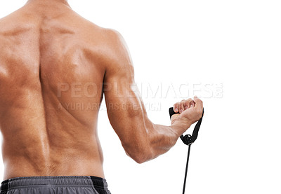 Buy stock photo Man, back and weightlifting with bicep for workout or training on a white studio background. Rear view of person or bodybuilder curling arm for strength, muscle or exercise in fitness on mockup space