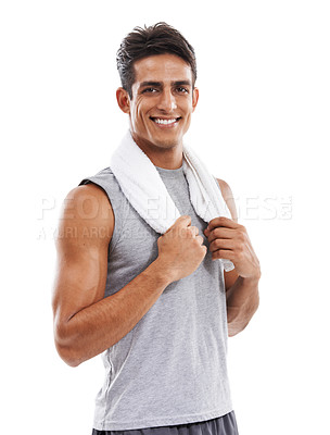 Buy stock photo Happy man, portrait and towel for fitness, exercise or workout against a white studio background. Face of handsome male person smile for sports, training or cardio for sweat or weight loss on mockup