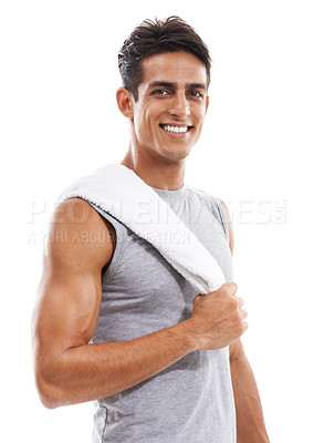 Buy stock photo Happy man, portrait and towel for sweat in workout, exercise or fitness against a white studio background. Face of handsome male person smile for sports, training or cardio in weight loss on mockup