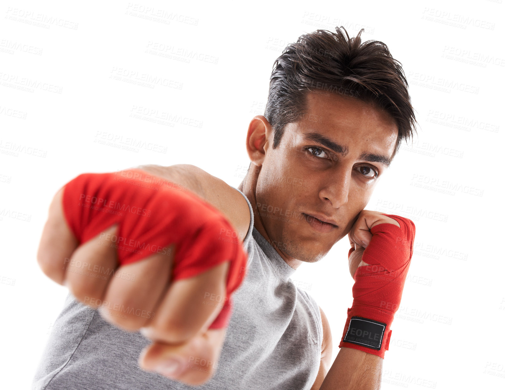 Buy stock photo Man, hand and punch in kickboxing and sports for fitness, health and martial arts on white background. Strong athlete in portrait, action and ready with fist, MMA training and exercise in studio