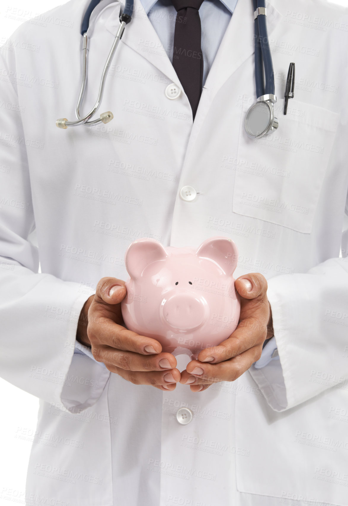 Buy stock photo Doctor, man and piggy bank for savings in studio, investment and financial loan for healthcare. Male professional, funding and planning hospital budget by white background, profit and future security