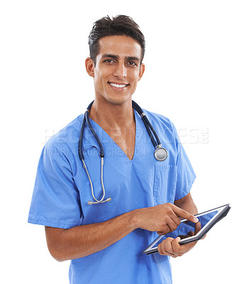Buy stock photo Doctor, man and tablet in studio portrait for smile, typing or app for medical results by white background. Indian surgeon, medic and digital touchscreen for wellness, healthcare and happy with click