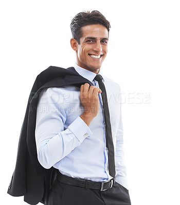 Buy stock photo Business man, studio portrait and blazer with smile, pride and career as corporate lawyer by white background. Person, attorney or advocate with suit, happy and confident with formal fashion for job