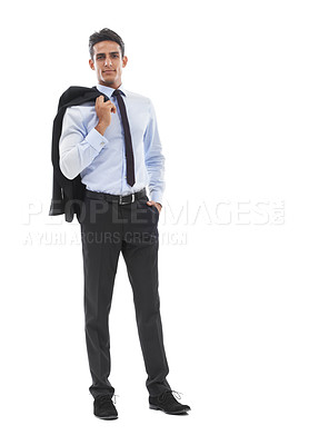 Buy stock photo Business man, suit blazer and studio portrait for pride, mockup or career as corporate lawyer by white background. Person, attorney or advocate with space, happy or confident in formal fashion at job