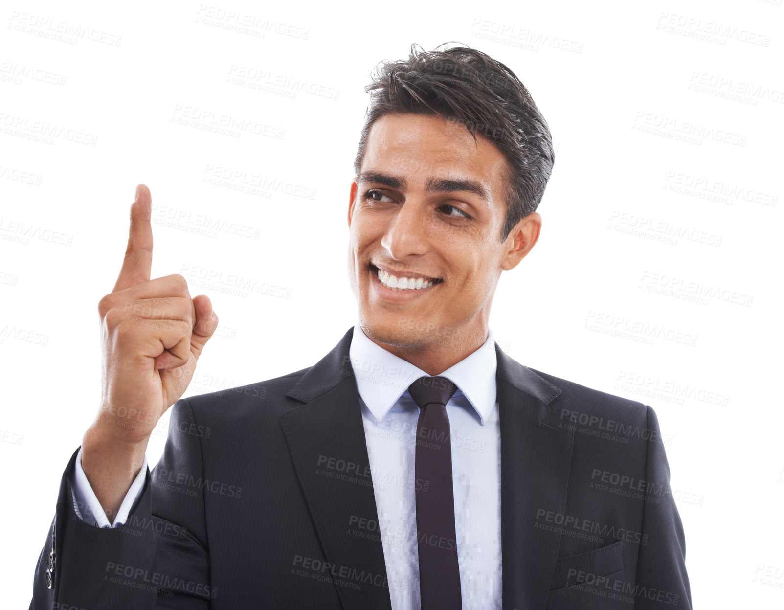 Buy stock photo Businessman, face and thinking in studio with pointing for presentation, advertising and information. Entrepreneur, person and hands for marketing, announcement and showing offer on white background