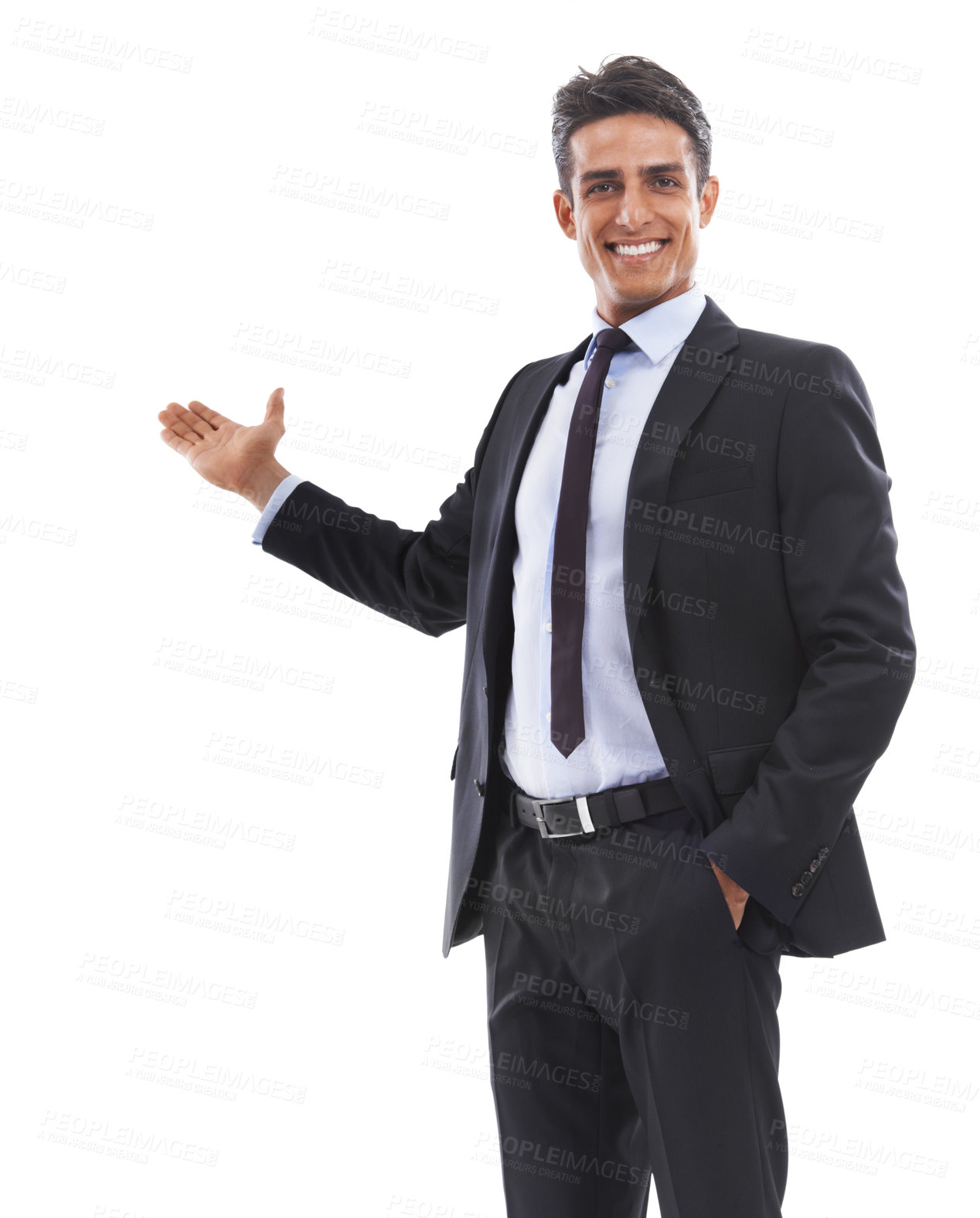 Buy stock photo Portrait, business man and pointing to presentation of space, promotion deal and announcement in studio on white background. Happy worker advertising choice, feedback and offer mockup for information