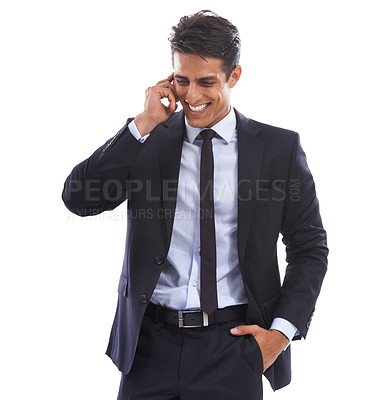 Buy stock photo Business man, phone call and laugh in studio for communication, consulting and talking to contact on white background. Happy corporate worker, mobile networking and feedback of funny conversation 