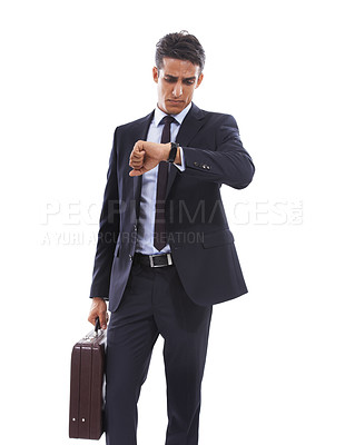 Buy stock photo Business man, check watch and time management with briefcase for job isolated on white background. Corporate employee with wristwatch, salesman late with delay in schedule or appointment in a studio 