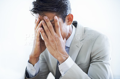 Buy stock photo Man, face in hands and business fail with stress about mistake in corporate project. Anxiety, bankruptcy or debt in company with frustrated and tired worker, burnout in sales with crisis and fear