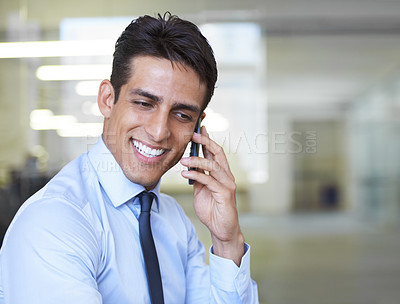 Buy stock photo Business man, phone call and smile in office for communication, corporate consulting or chat to contact. Happy worker, mobile networking or thinking of feedback of advice, conversation or negotiation
