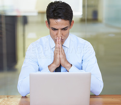 Buy stock photo Business man, stress and glitch on laptop, deadline and anxiety for information and news in office. Male professional, frustration and mistake on tech, bad internet connection and worry for fail
