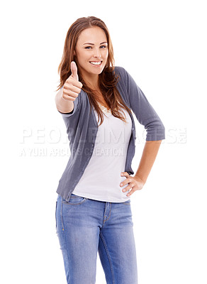 Buy stock photo Thumbs up, portrait or woman in studio for winner, achievement or celebrate deal on white background. Happy model, emoji sign or yes for feedback, promotion and thank you for excellence, vote or like