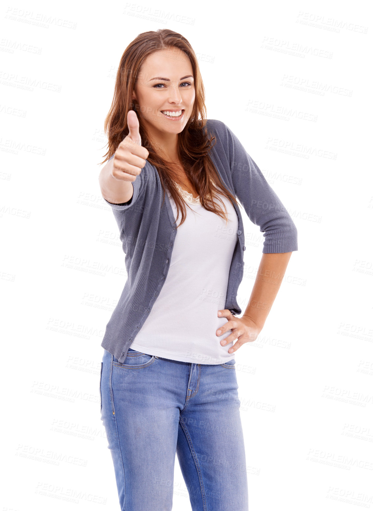 Buy stock photo Thumbs up, portrait or woman in studio for winner, achievement or celebrate deal on white background. Happy model, emoji sign or yes for feedback, promotion and thank you for excellence, vote or like