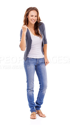 Buy stock photo Fashion, celebrate and portrait of woman in studio with casual, trendy and stylish outfit for winning. Happy, success and young female winner from Canada with style isolated by white background.