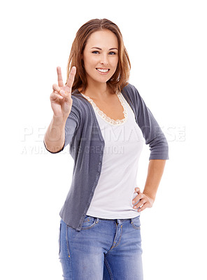 Buy stock photo Peace, portrait and woman in studio for success, winning and celebrate feedback on white background. Happy model, emoji and v sign for victory, hope and icon of freedom, support and vote for pride 