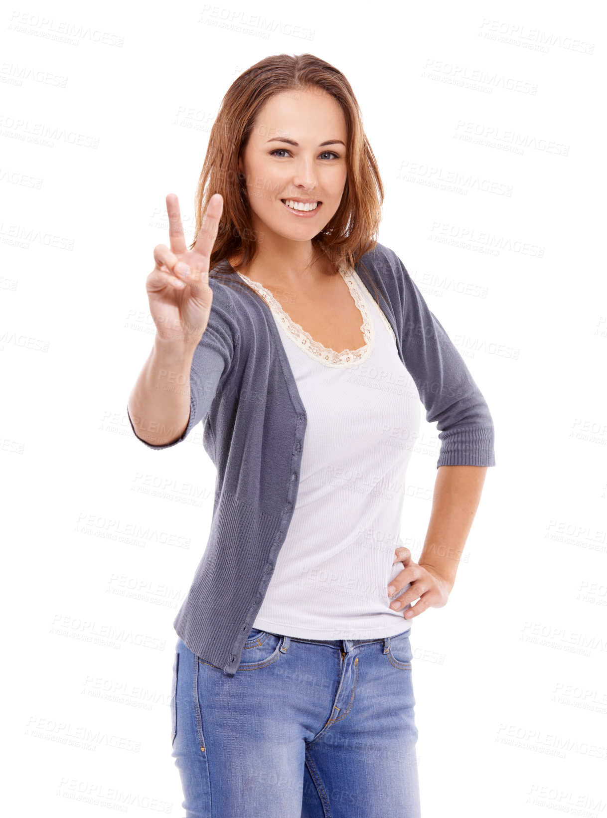 Buy stock photo Peace, portrait and woman in studio for success, winning and celebrate feedback on white background. Happy model, emoji and v sign for victory, hope and icon of freedom, support and vote for pride 