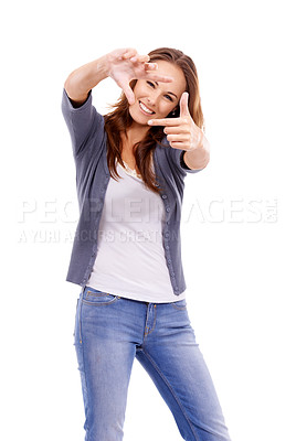 Buy stock photo Portrait, happy woman and finger frame in studio to review profile picture, check creative composition and border on white background. Model planning perspective for photography of perfect selfie 