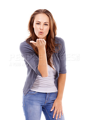 Buy stock photo Portrait, woman and blow kiss in studio for love, happy reaction and romantic flirting sign isolated on white background. Young model with hand gesture for emoji, care and date on valentines day 