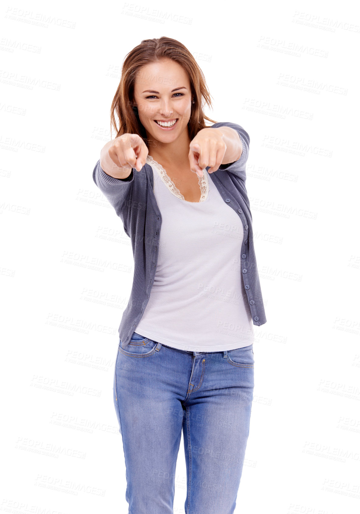 Buy stock photo Woman, portrait and pointing to you in studio for choice, vote and decision of winner on white background. Happy model, finger and recruitment  for volunteering, hiring emoji or invitation to join us