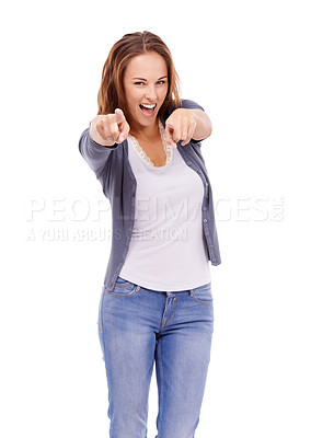 Buy stock photo Woman in studio, pointing at you and excited in portrait with choice, vote or offer on white background. Feedback, winner and decision with young model and hand gesture, accountability and promotion