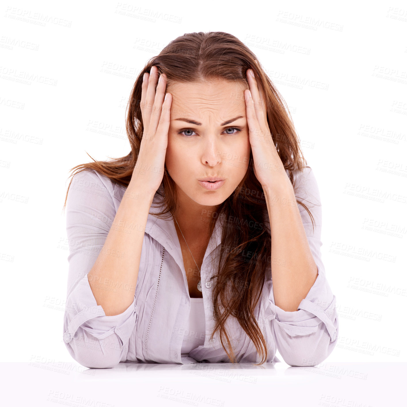 Buy stock photo Stress, white background or portrait of woman with headache with fatigue, mistake or burnout. Loss, dizzy or overworked employee in studio frustrated by fatigue, migraine or anxiety in debt crisis