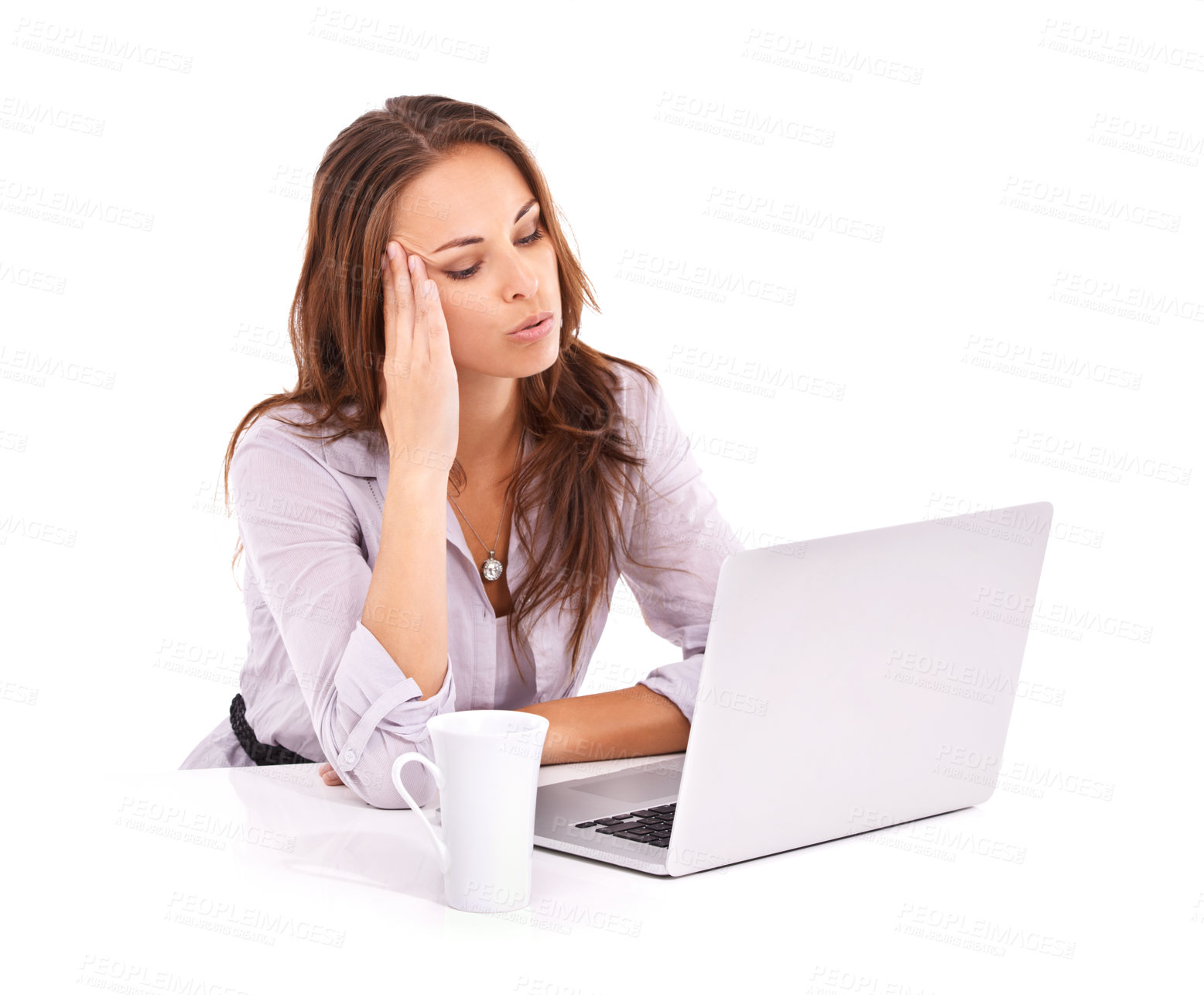 Buy stock photo Woman with headache, laptop glitch and burnout, technology fail on white background. Stress, tired worker and mistake online with migraine in studio, 404 on internet with business website crisis