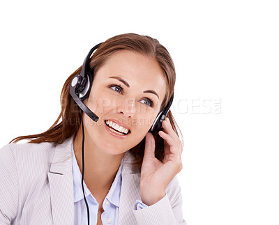 Buy stock photo Woman, callcenter and headset for phone call with communication, telecom and CRM on white background. Customer service, telemarketing and help desk agent in studio with contact us and tech support